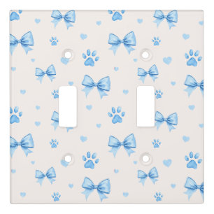 Blue Ribbon, Heart & Paw Print Pattern on White Light Switch Cover