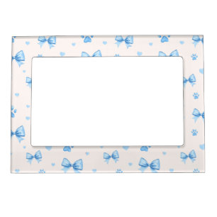 Blue Ribbon, Heart & Paw Print Pattern on White Magnetic Frame