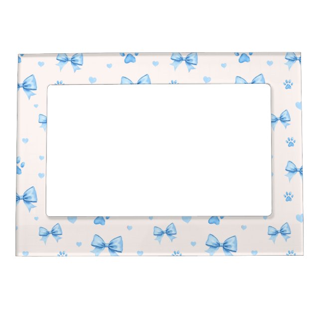 Blue Ribbon, Heart & Paw Print Pattern on White Magnetic Frame (Front)