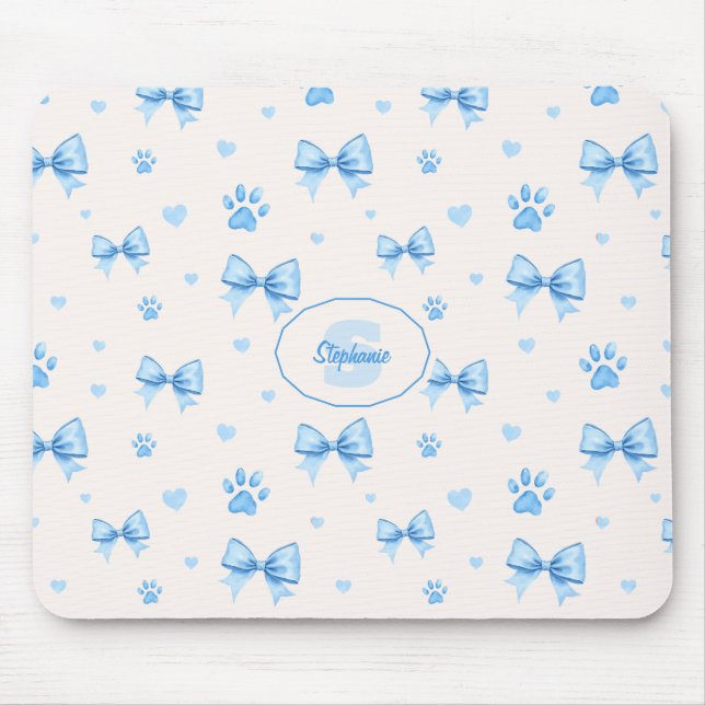 Blue Ribbon, Heart & Paw Print Pattern on White Mouse Pad (Front)