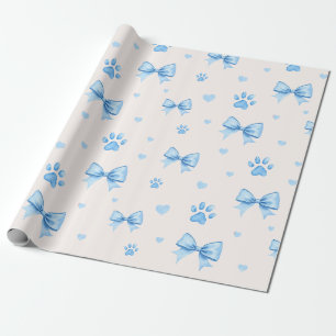 Blue Ribbon, Heart & Paw Print Pattern on White Wrapping Paper