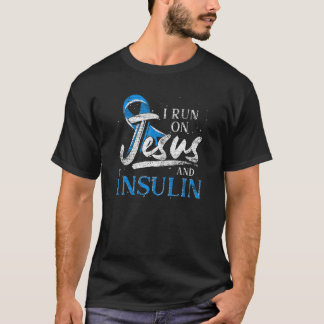Blue Ribbon I Run On Jesus And Insulin Diabetes Aw T-Shirt