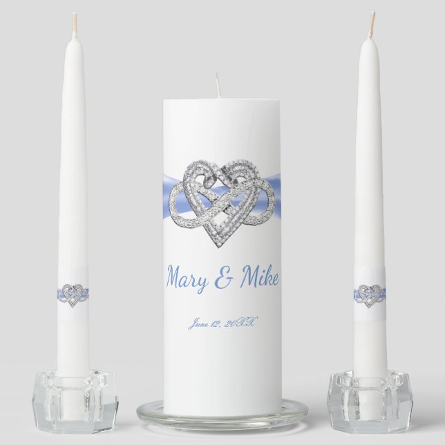 Blue Ribbon Infinity Heart Wedding Unity Candle Set (Front)