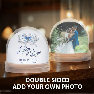 Blue ribbon lucky in love horseshoe wedding snow globe