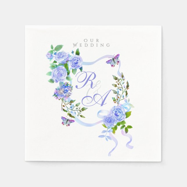 Blue Ribbon Monogram Wedding  Napkins (Front)