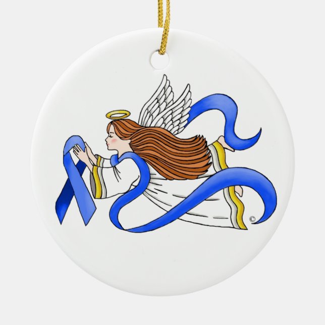 "Blue Ribbon" of Awareness Angel Ceramic Ornament (Front)