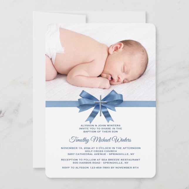 Blue Ribbon Photo Baptism Invitation (Front)