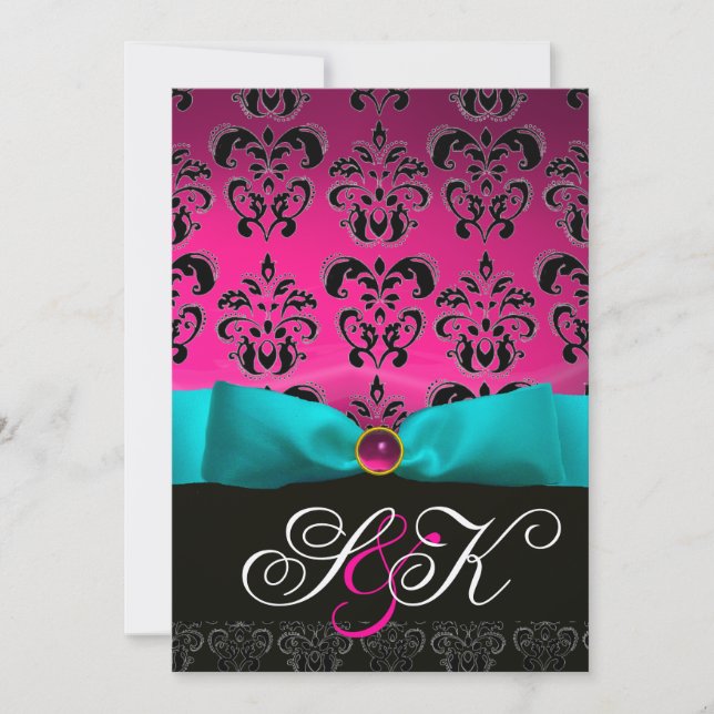 BLUE RIBBON PINK FUCHSIA BLACK  DAMASK MONOGRAM INVITATION (Front)
