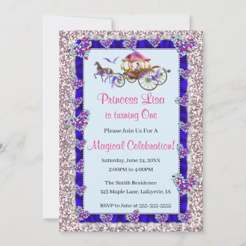Blue Ribbon Pink Glitter Royal Princess Birthday Invitation