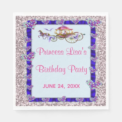 Blue Ribbon Pink Glitter Royal Princess Birthday Napkins