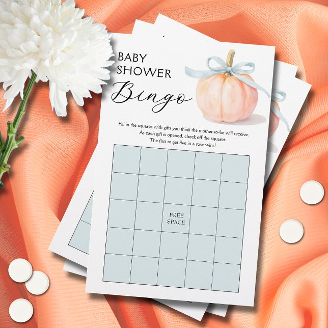 Blue Ribbon Pumpkin Baby Shower Bingo Game (Blue ribbon and bow pumpkin boy baby shower bingo game cards)