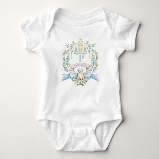Blue Ribbon Puppy Baby Monogram Crest  Bodysuit (Front)