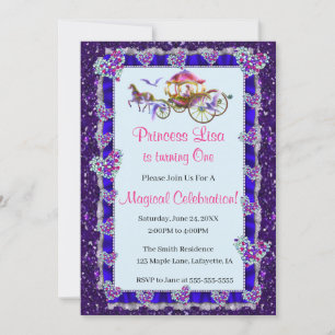 Blue Ribbon Purple Glitter Royal Princess Birthday Invitation