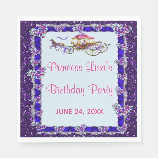 Blue Ribbon Purple Glitter Royal Princess Birthday Napkins (Front)