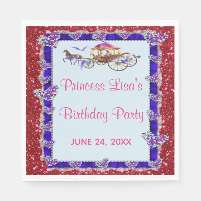 Blue Ribbon Red Glitter Royal Princess Birthday Napkins (Front)