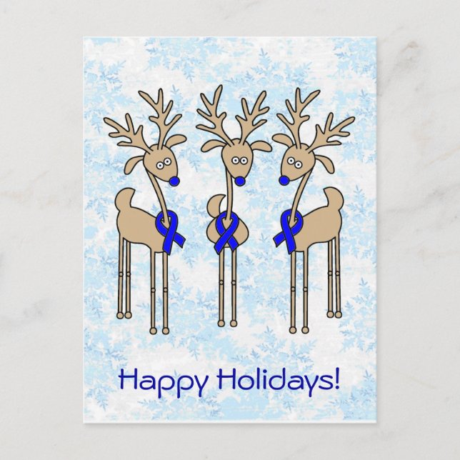 Blue Ribbon Reindeer Holiday Postcard (Front)