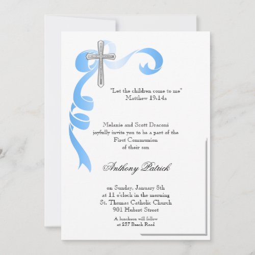 Blue Ribbon Silver Cross Communion Invitation