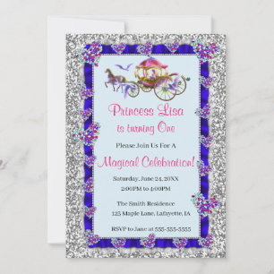 Blue Ribbon Silver Glitter Royal Princess Birthday Invitation