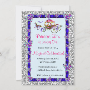 Blue Ribbon Silver Glitter Royal Princess Birthday Invitation