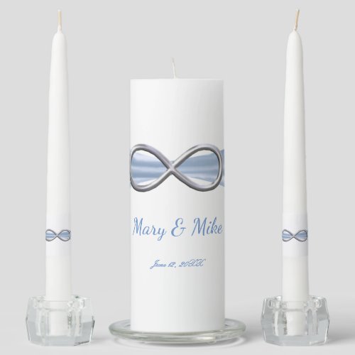Blue Ribbon Silver Infinity Wedding Unity Candle Set