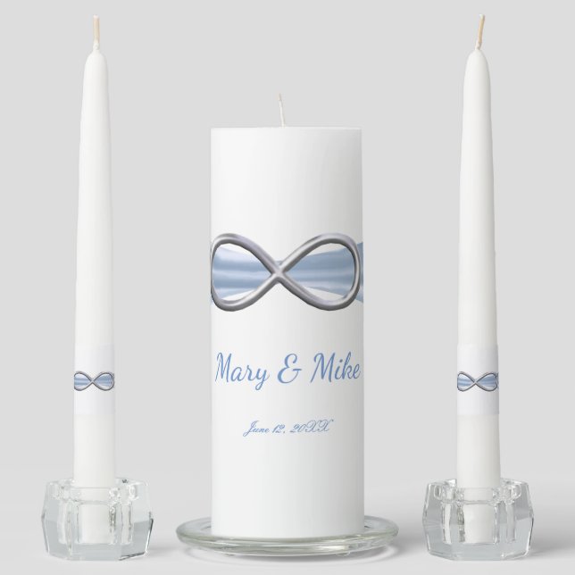 Blue Ribbon Silver Infinity Wedding Unity Candle Set (Front)
