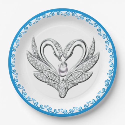 Blue Ribbon Silver Swans Paper Plate