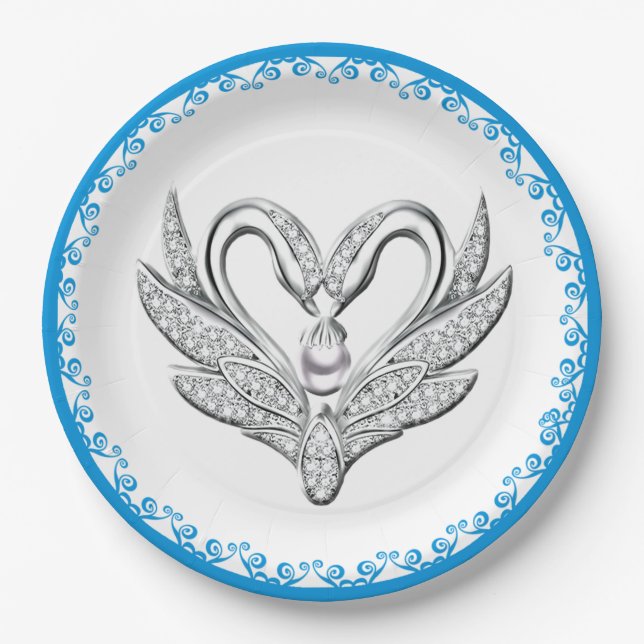 Blue Ribbon Silver Swans Paper Plate (Front)