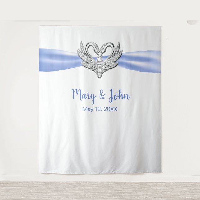 Blue Ribbon Silver Swans Wedding Backdrop (Front)