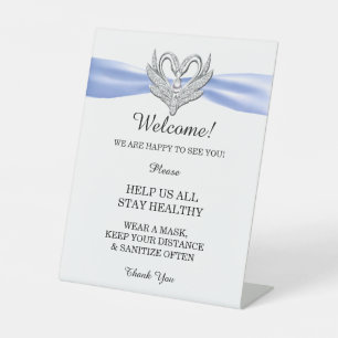 Blue Ribbon Silver Swans Wedding Safety Pedestal Sign