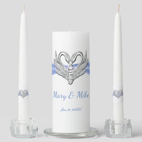 Blue Ribbon Silver Swans Wedding Unity Candle Set