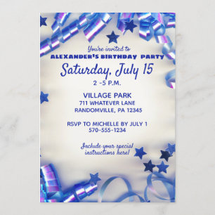 Blue Ribbon & Stars Confetti 11th Birthday Party Invitation