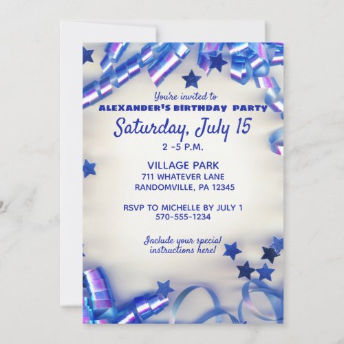 Blue Ribbon  Stars Confetti 13th Birthday Party Invitation