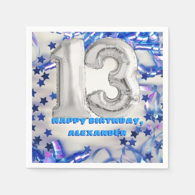 Blue Ribbon & Stars Confetti 13th Birthday Party Napkins (Front)