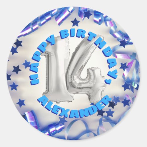 Blue Ribbon  Stars Confetti 14th Birthday Party Classic Round Sticker