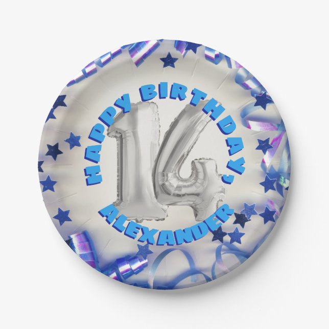 Blue Ribbon & Stars Confetti 14th Birthday Party Paper Plates (Front)