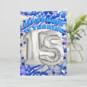 Blue Ribbon & Stars Confetti 15th Birthday Party Invitation (Standing Front)