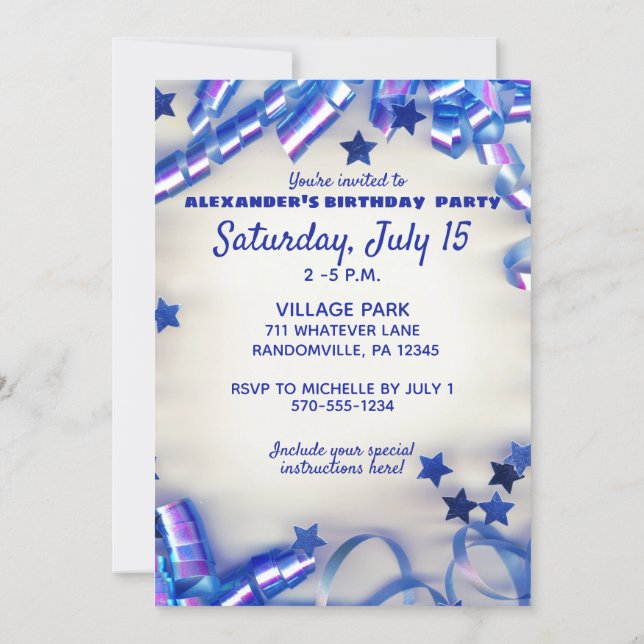 Blue Ribbon & Stars Confetti 15th Birthday Party Invitation (Back)
