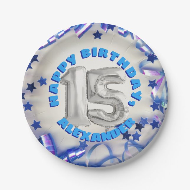 Blue Ribbon & Stars Confetti 15th Birthday Party Paper Plates (Front)