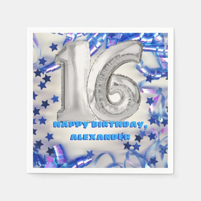 Blue Ribbon & Stars Confetti 16th Birthday Party Napkins (Front)