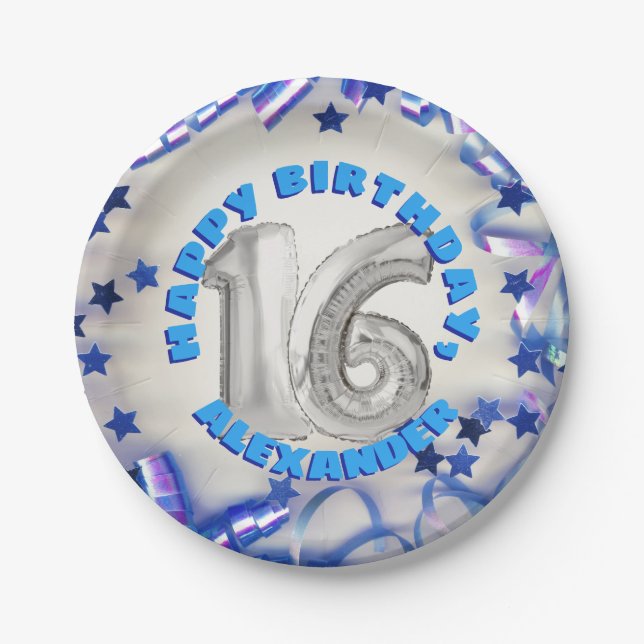 Blue Ribbon & Stars Confetti 16th Birthday Party Paper Plates (Front)