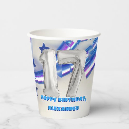 Blue Ribbon  Stars Confetti 17th Birthday Party P Paper Cups