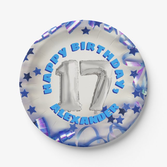 Blue Ribbon & Stars Confetti 17th Birthday Party Paper Plates (Front)