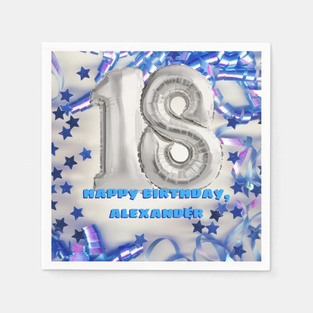 Blue Ribbon & Stars Confetti 18th Birthday Party Napkins (Front)