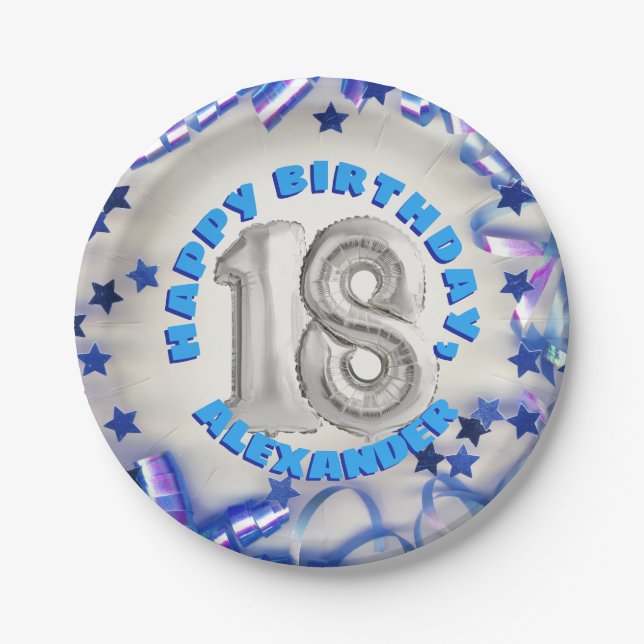 Blue Ribbon & Stars Confetti 18th Birthday Party Paper Plates (Front)