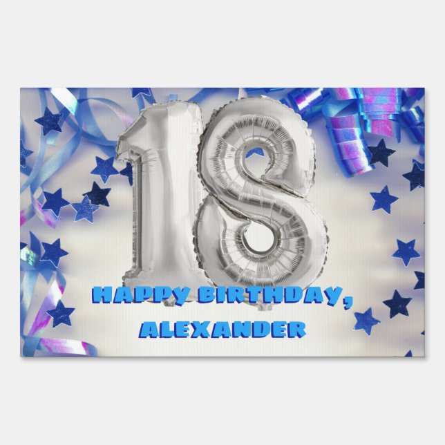 Blue Ribbon & Stars Confetti 18th Birthday Party Sign (Front)