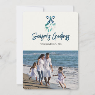 Blue Ribbon tied Mistletoe Holiday Card