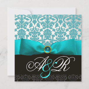 BLUE RIBBON TURQUASE WHITE BLACK DAMASK MONOGRAM INVITATION