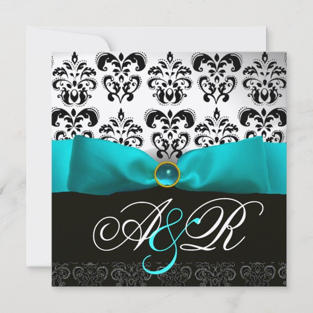 BLUE RIBBON TURQUASE WHITE BLACK  DAMASK MONOGRAM INVITATION (Front)