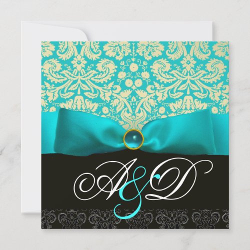 BLUE RIBBON TURQUOISE WHITE BLACK DAMASK MONOGRAM INVITATION