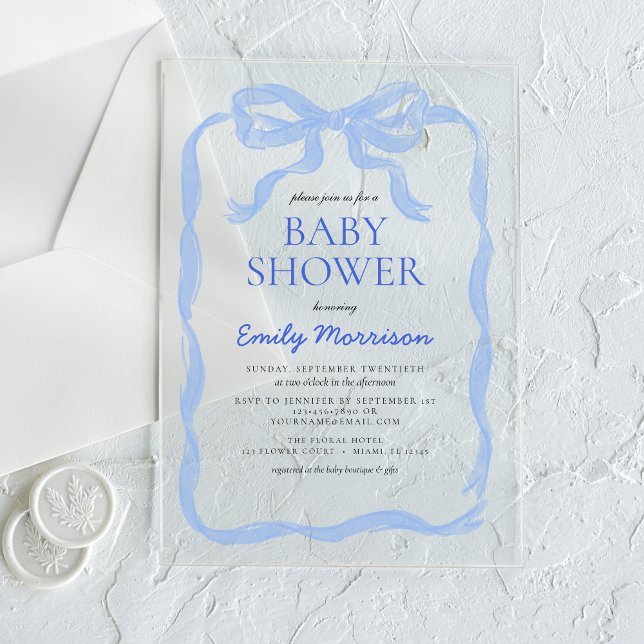 Blue Ribbon Watercolor Bow Boy Baby Shower Acrylic Invitations (Creator Uploaded)
